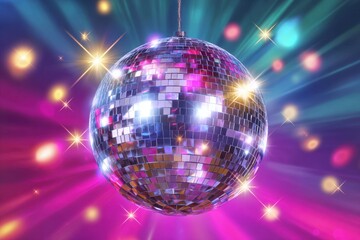 Obraz premium Colorful reflective disco ball scene with radiant light rays and glitter