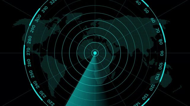 Futuristic cyan radar scanner sweep motion graphic loop, animated hud world map sonar target tracking display on dark background