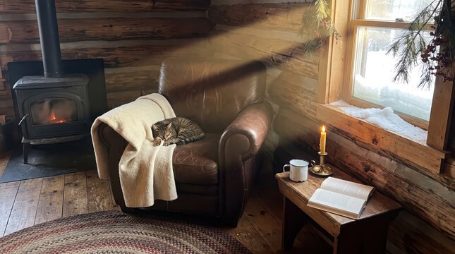Cozy cabin interior with cat on leather armchair by wood burning stove and window with snowy view outside on a cold winter day