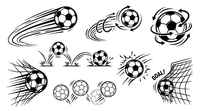 Vector set of a moving soccer ball, featuring speed lines and a goal net, on a white background