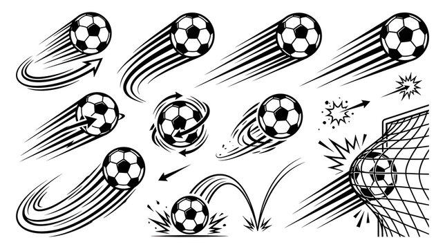 Soccer ball in motion vector set with speed lines and goal net isolated on white