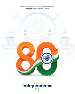 Modern 80th Independence Day of India 2026 poster featuring bold tricolor 80 typography, Ashoka Chakra, Red Fort outline, and patriotic design. Ideal for greeting cards, posters, banners, and social m