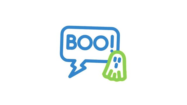 A minimalist hand-drawn vector illustration of a cute ghost shouting Boo in speech bubble