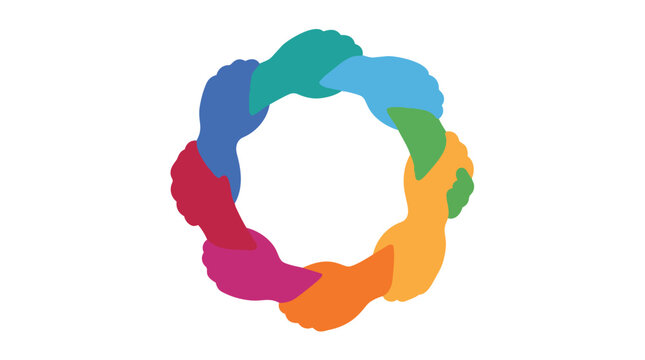 Abstract circular icon of colorful hands joined together in a circle.