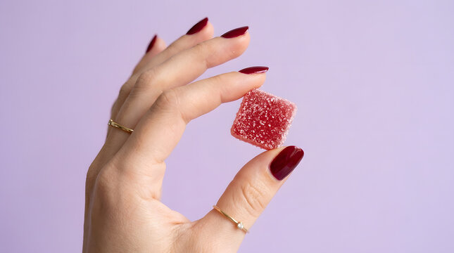 Female Hand Holding Red Gummy Candy