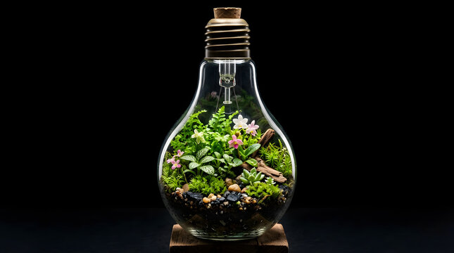 Miniature green terrarium inside a light bulb