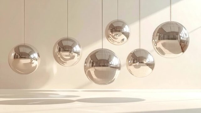 Minimalist interior with hanging reflective chrome spheres.