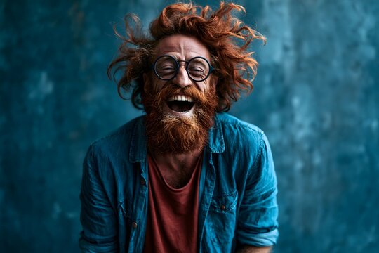 Lachender kreativer Mann mit Brille wildem Haar und langem Bart