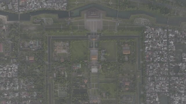 Aerial drone view of Hue Imperial Citadel featuring Ngo Mon Gate, Thai Hoa Palace and Kien Trung Palace, showcasing Vietnam's UNESCO royal heritage, ancient architecture and cultural landmark.