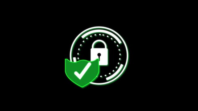 Circular HUD displays glowing green security lock, creating sleek animation for cybersecurity, digital shields, and tech visuals. Futuristic Green Security Lock Icon within a Circular HUD Element.