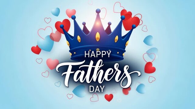 Happy fathers day royal crown surrounded by floating hearts on a soft blue background festive greeting card design