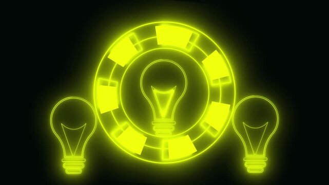 Three Glowing Yellow Neon Light Bulbs Arranged Around a Central Circular Neon Element idea, trio of yellow bulbs around circular element, highlighting innovation, creativity, or tech-inspired concepts