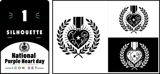 Fototapeta premium Purple Heart Day Remembrance Heart Medal Symbol Black and White Vector Illustration