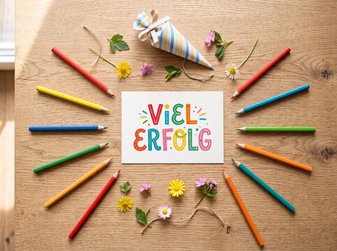 Bunte Gru&szlig;karte mit Schriftzug Viel Erfolg umgeben von Buntstiften und Blumen auf Holztisch