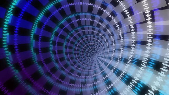 Futuristic Spiral Tunnel with Purple and Blue Digital Blocks on animation Black Background abstract technology. Glowing purple and blue digital blocks form animated spiral tunnel, showcasing futuristi