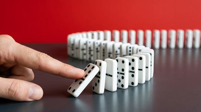 Finger pushing dominoes causing chain reaction