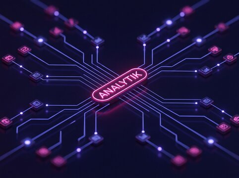 Leuchtender Analytik Schriftzug als Neon Pille im Zentrum eines digitalen vernetzten Leiterbahn Netzwerks