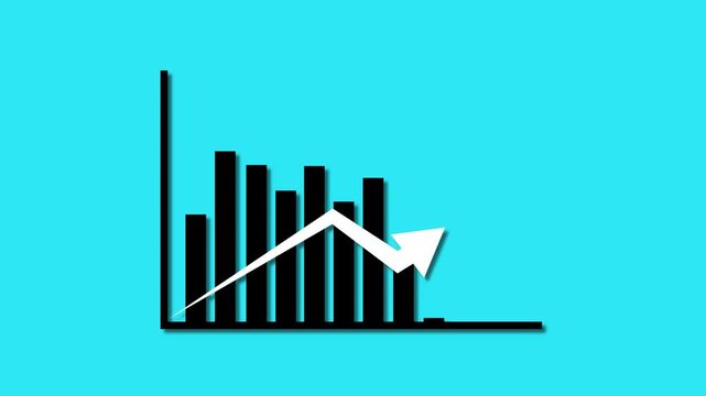 Animation Black Bar Graph with an Upward Trending White Arrow on a Cyan Background chart bar chart, animated black bar graph with trending white arrow on cyan background, highlighting business