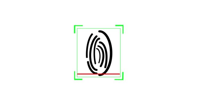 Fingerprint Scan Icon with Green Border and Red Line on White Background. Fingerprint biometric icon, green frame, red scan line, white background, animated verification and protection display.