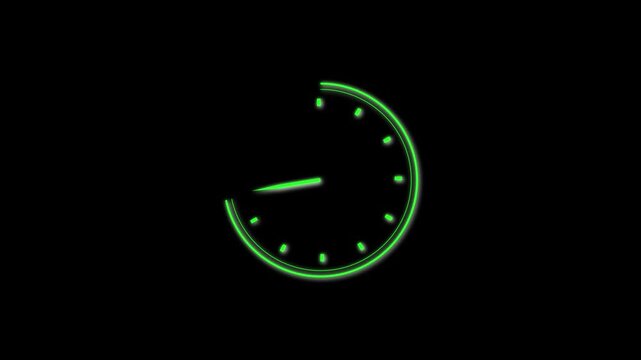 Green Neon Clock Dial with Glowing Markers and Hand on animation Black Background time face. Animated green neon clock dial, glowing markers, moving hand, black backdrop, futuristic time interface.