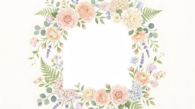 Delicate floral wreath with pastel flowers forming a romantic and elegant circular frame.