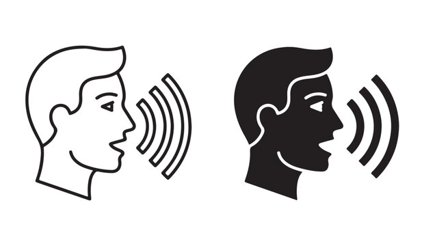 Speak symbol, voice icon linear and solid, human head with sound wave vector illustration.