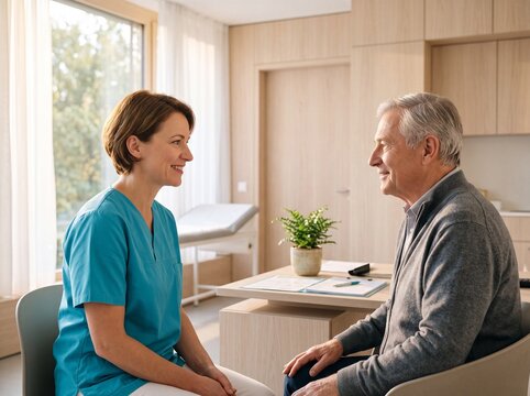 Freundliche &Auml;rztin im Sprechzimmer h&ouml;rt einem &auml;lteren m&auml;nnlichen Patienten aufmerksam zu und l&auml;chelt