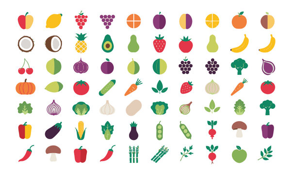 Organic Produce Flat Food Icons.