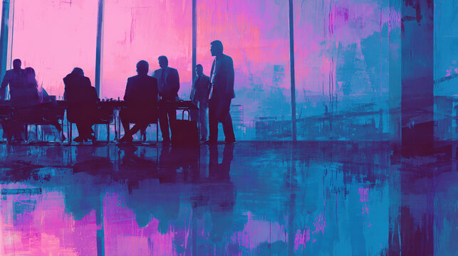 Business Meeting Silhouette Office Purple Blue Corporate Team Conference Room Window Reflection Modern Abstract