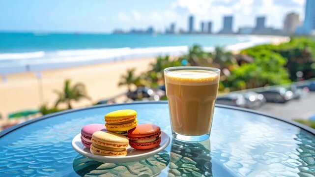 Iced coffee and colorful macarons with sunny beach view.