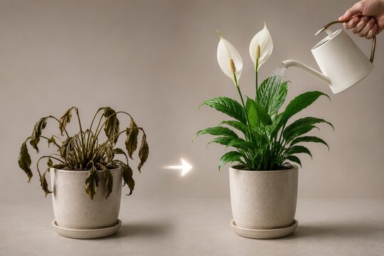 Transformation of a dying plant into a blooming peace lily with watering can