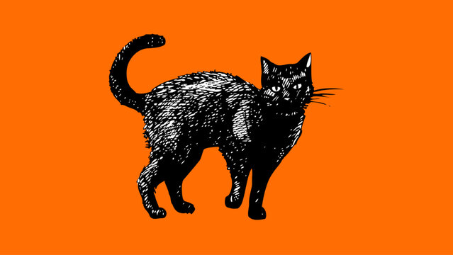 Halloween vintage banner with black cat. Hand drawn retro sketch vector illustration. Greeting design for holiday cards, posters, kids party decor.