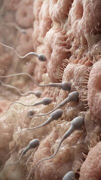 Organism genesis start: sperm navigate, ovum seek, internal journey, fertilize process, embryo develop, female system, cellular wall, realistic view, genetic unite.
