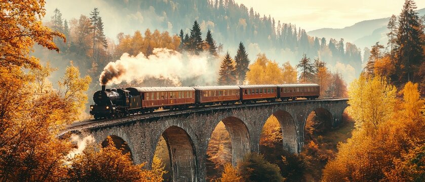 Vintage Steam Train Crossing Bridge Amid Autumn Trees