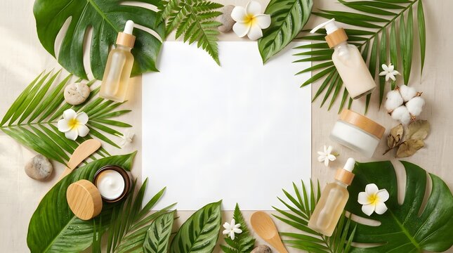 Natural cosmetic products with tropical leaves creating a beauty and skincare themed border.