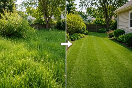 Lawn care comparison before and after mowing and trimming, showing a neat, striped lawn next to an overgrown area