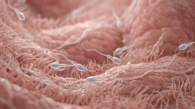 Life creation odyssey: human reproduce, sperm navigate, female system, fertilize process, embryo develop, internal view, cellular movement, gamete search.
