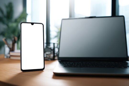 Desk setup featuring a smartphone with a blank message screen beside a laptop in natural light