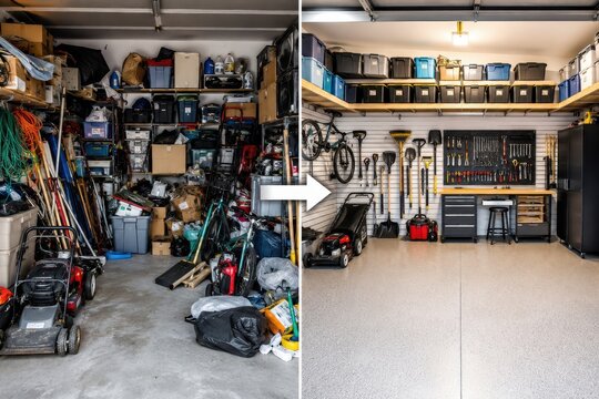 Messy garage transformed into an organized and clean workshop, before and after comparison