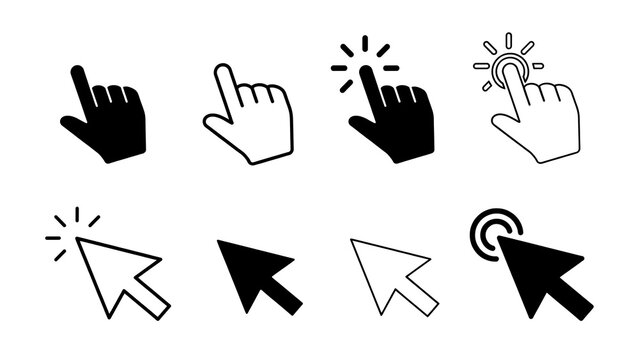 Set of computer mouse cursor and hand click interaction icons with interface