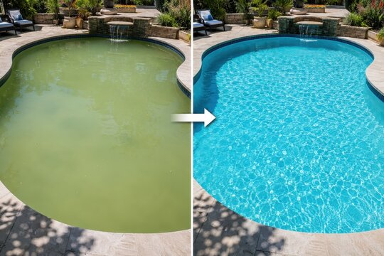 Comparison of dirty and clean swimming pool, before and after cleaning