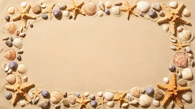 Clean sandy beach background with subtle shell accents creating a minimal summer frame.