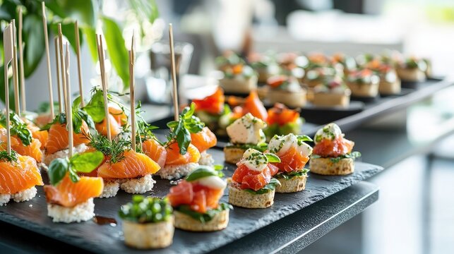 Assorted Bite-Sized Appetizers and Canap&eacute;s Displayed on Black Slate