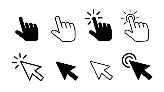 Set of black and white computer mouse cursor icons and clicking hand symbols