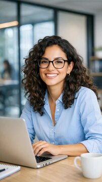 A smiling young woman with curly hair sitting at a desk using her laptop computer. She is wearing glasses and a blue shirt.