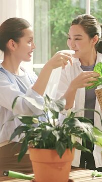 Happy young lesbian couple taking care of indoor plants by spraying water and trimming leaves near a window.	