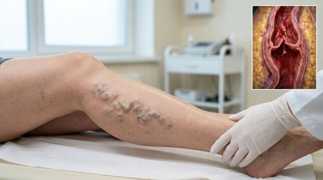 Venous disorder diagnosis: varicose vein, vascular problem, phlebology consult, human leg, medical exam, blood vessel, health care, body pain, disease symptom, vein valve.