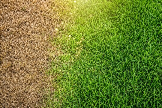 Dead grass and living green grass side by side, representing contrast and change