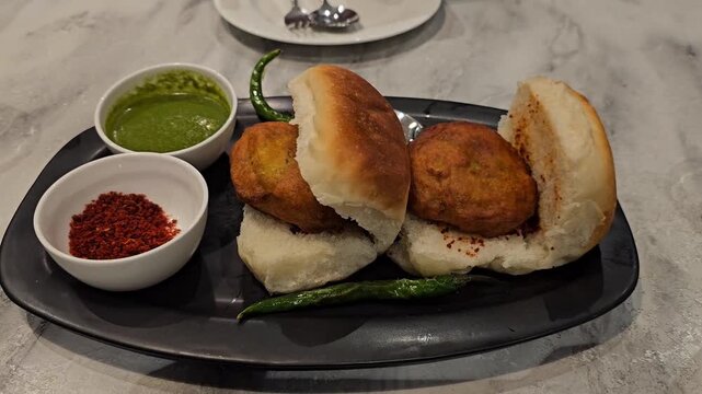 Traditional Mumbai Vada Pav Served with Green Chutney, Red Chutney and Fried Green Chilies