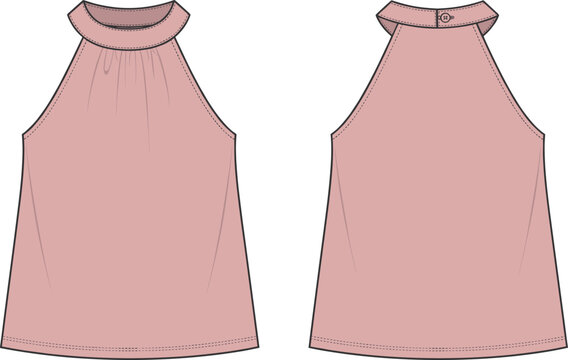 Fashion flat sketch template of women halter neck top front and back view vector illustration technical design